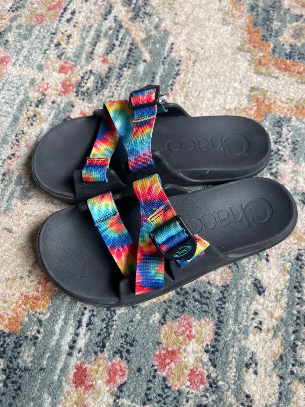 Chaco Women's Chillos Slide Sandals in Dark Rainbow Tie Dye, size 9